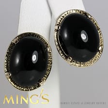 VINTAGE MING'S HAWAII BLACK JADE 20MM 14K YELLOW GOLD CLIP SIGNED EARRINGS