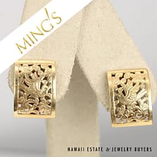 Ming's Bird in Plum 18x13mm Rectangle 4.5g 14K Yellow Gold Earrings