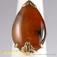 VINTAGE MING'S HAWAII BROWN JADE 14K YELLOW GOLD RING SIZE 3.25