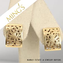 Ming's Bird in Plum 18x13mm Rectangle 4.5g 14K Yellow Gold Earrings