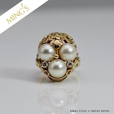 MING'S 14KYG THREE PEARL CLUSTER W/ 0.12ctw DIAMOND RING SIZE 5.75