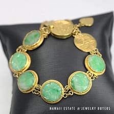 22K Yellow Gold Round Green Jade Link Bracelet Size 6.25
