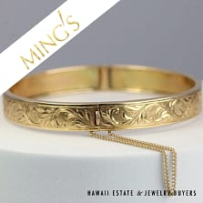 Ming's Hawaii Engraved Scroll 14K Yellow Gold Hinged Bracelet Size 6.5