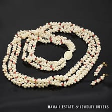 Three-Strand Ni'ihau Shell Lei and Earrings Set: Roselani 36 inches #HC070122-06