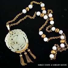 ANTIQUE JADE CARVED PENDANT 14K YELLOW GOLD TASSEL & JADE BEAD AND CHAIN NECKLACE W/ PAPER