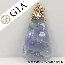 GIA Lavender Violet and Green-Gray Jade Carved 14K Yellow Gold 16.5g Pendant