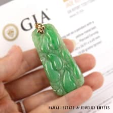 GIA Grade A Fei Cui Natural Green Jadeite Jade Pendant 14K Yellow Gold