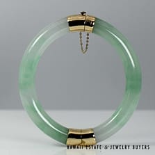 Mottled Green Jade Hinged Bangle Bracelet with 14K Yellow Gold Size 7.5"