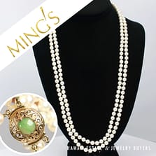 Ming's 6-6.5mm Cultured Pearl Double Strand Necklace with 14k Yellow Gold Round Green Jade Scroll Clasp