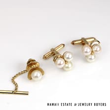7-7.5mm Cultured Pearl 14k Yellow Gold Cufflink and Tie Tack Set
