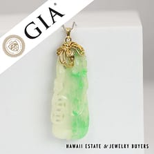 GIA Type A Moss in Snow Jade Carved & Pierced 14k Yellow Gold Pendant