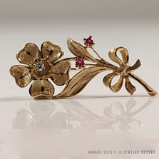 Vintage Diamond & Ruby Flower 14K Yellow Gold Brooch