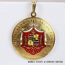 Rare Vintage Enamel Hawaiian Crest Dawkins Benny 14K Yellow Gold Pendant