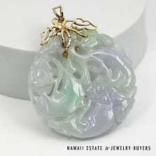 Lavender and Green 52mm Carved Jade 14K Yellow Gold Pendant