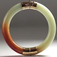 Ming's Hawaii Jade Pale Green/White and Brown Splash 14K Yellow Gold Bangle Bracelet