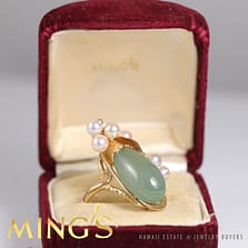 MING'S HAWAII JADE TEAR DROP & PEARL 14K YELLOW GOLD RING SIZE 6.5 W/ BOX