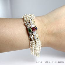VINTAGE 10 STRAND SEED PEARL & DIAMOND RUBY SAPPHIRE EMERALD 18K GOLD BRACELET