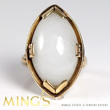VINTAGE MING'S HAWAII WHITE JADE MARQUISE 14K YELLOW GOLD RING SIZE 5.5