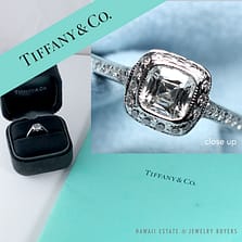 TIFFANY & CO 0.41CT LEGACY CUSHION CUT DIAMOND PLATINUM ENGAGEMENT RING SIZE 4 W/ BOX & CERTIFICATES, RECEIPTS