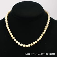 Knotted Cultured Pearl Strand Graduating 14k Yellow Gold Chinese Clasp Necklace 5.7-6.7mm 16"