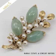 MING'S 16.9g 14KYG PALE GREEN JADE AND PEARL BROOCH