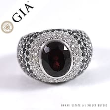 GIA CERTIFIED DARK RED GARNET AND BLACK DIAMOND 18K WHITE GOLD DOME RING (SZ 9)