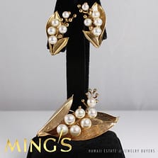 RARE MING'S HAWAII 4-6.8MM PEARL 14K YELLOW GOLD LEAF BROOCH PIN & CLIP EARRING SET