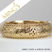 Ming's Rare 20mm Shou 14K Yellow Gold Hinged Bangle Bracelet Like New Size 7.5