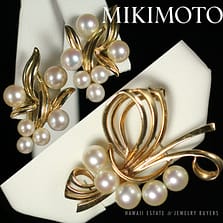 MIKIMOTO AAA AKOYA PEARL 4-6MM WHITE 14K YELLOW GOLD FLOWER BROOCH PIN & EARRINGS SET