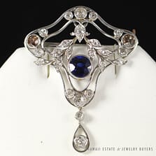 ANTIQUE SAPPHIRE & OLD MINE CUT DIAMOND PLATINUM SHIELD PENDANT/BROOCH W/ GEMOLOGIST PAPER