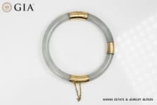 36.8g 14KYG LIGHT GREENISH GRAY JADE HINGED BANGLE BRACELET SIZE 7.5