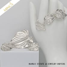 MING'S STERLING ANTHURIUM EARRINGS, BRACELET & BROOCH SET WITH BOXES