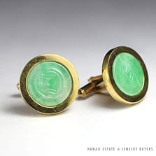 VINTAGE JADE ROUND 18K YELLOW GOLD MENS CUFF LINKS
