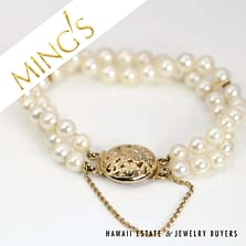 Ming's Bird in Plum Cultured Pearl Double Strand Bracelet 14k Yellow Gold Size 6.5