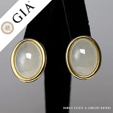 GIA CERTIFIED NATURAL WHITE JADEITE JADE CABOCHON 14K YELLOW GOLD BEZEL SET EARRINGS