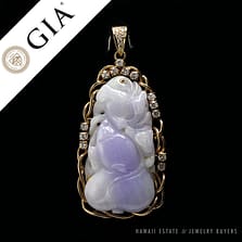 GIA CERTIFIED TSL JADE MOTTLED PURPLE TIGER ON PEACH 14K YELLOW GOLD PENDANT