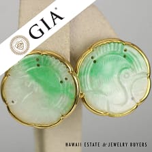 GIA Jadeite Jade "Moss in Snow" Green Bird 18k Yellow Gold French Back Earrings