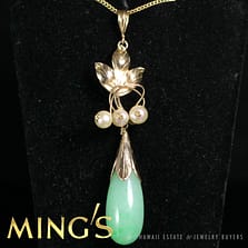 MING'S HAWAII RARE GREEN JADE TEAR DROP & PEARL 14K YELLOW GOLD PENDANT & CHAIN NECKLACE