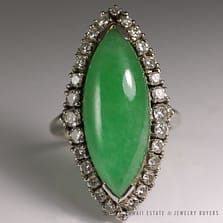 Vintage 1970's Large Marquise Apple Green Jade Diamond 14K Ring