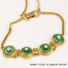 24K Yellow Gold Green Jade Disc and Pearl Bracelet Size 6.25 16.7g
