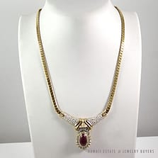5.12ct Ruby Teardrop Cabochon & Diamond 18K Yellow Gold Necklace