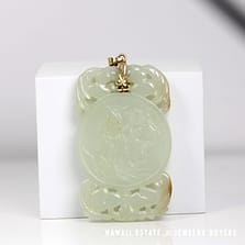 Pale Green Jade Carved Bamboo 14K Yellow Gold Pendant 65x40mm