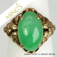 Ming's Hawaii Oval Mottled Green Jade 14K Yellow Gold Ring Size 6 5.5g