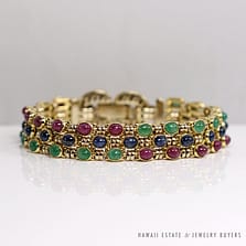 VINTAGE NATURAL CABOCHON RUBY SAPPHIRE EMERALD YELLOW GOLD BRACELET 7 3/4" W/ APPRAISAL