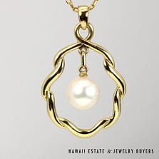 Mikimoto 7mm hanging Pearl shell Pendant 16" Chain 3.8g 14K Yellow Gold Necklace
