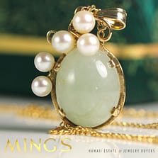 MING'S HAWAII JADE & PEARL 14K YELLOW GOLD PENDANT W/ NECKLACE CHAIN AND BOXARL 14K YELLOW GOLD PENDANT & CHAIN NECKLACE (Copy)