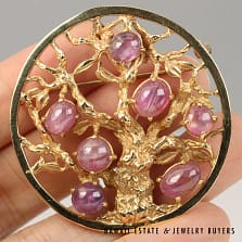 10ctw PINK SAPPHIRE CABOCHON TREE OF LIFE 19.3g 14K YELLOW GOLD PENDANT BROOCH