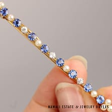 VINTAGE REAL DIAMOND PEARL SAPPHIRE 14K YELLOW GOLD BAR PIN 2.5"