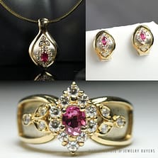 NATURAL RUBY & .23CTW DIAMOND 14K YELLOW GOLD NECKLACE EARRINGS & RING SET