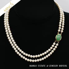 MING'S 14KYG 5-5.5mm CULTURED PEARL DOUBLE STRAND NECKLACE WITH CARVED GREEN JADE CLASP 16/17 INCH LENGTH